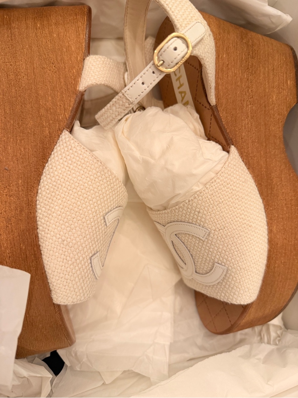 CHANEL Cream Woven Platform Wedge Sandals